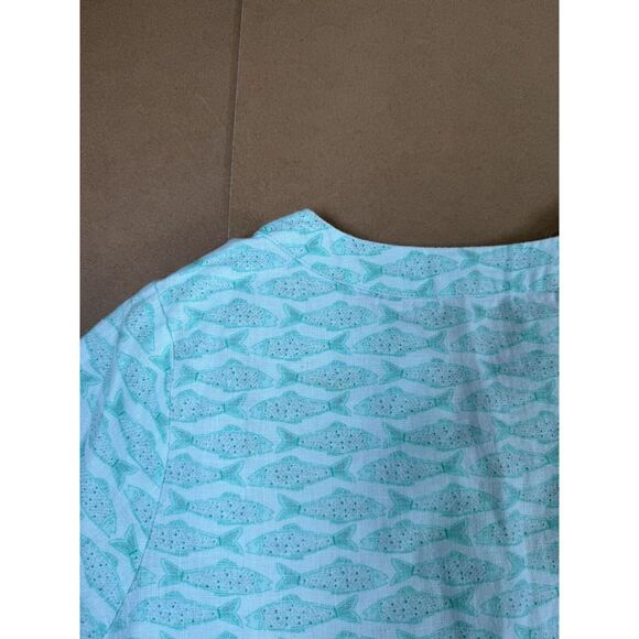 Vineyard Vines 100% Linen Girl's L Top Aqua Blue Fish Pattern 3/4 Sleeve - Picture 11 of 11
